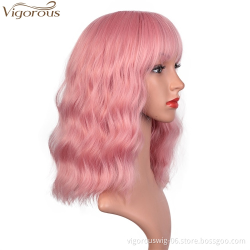 Vigorous Synthetic Short Cosplay Wigs for Black Women 14 Inches Wavy Pink Color With Flat Bangs Heat Resistant Fiber Hair
